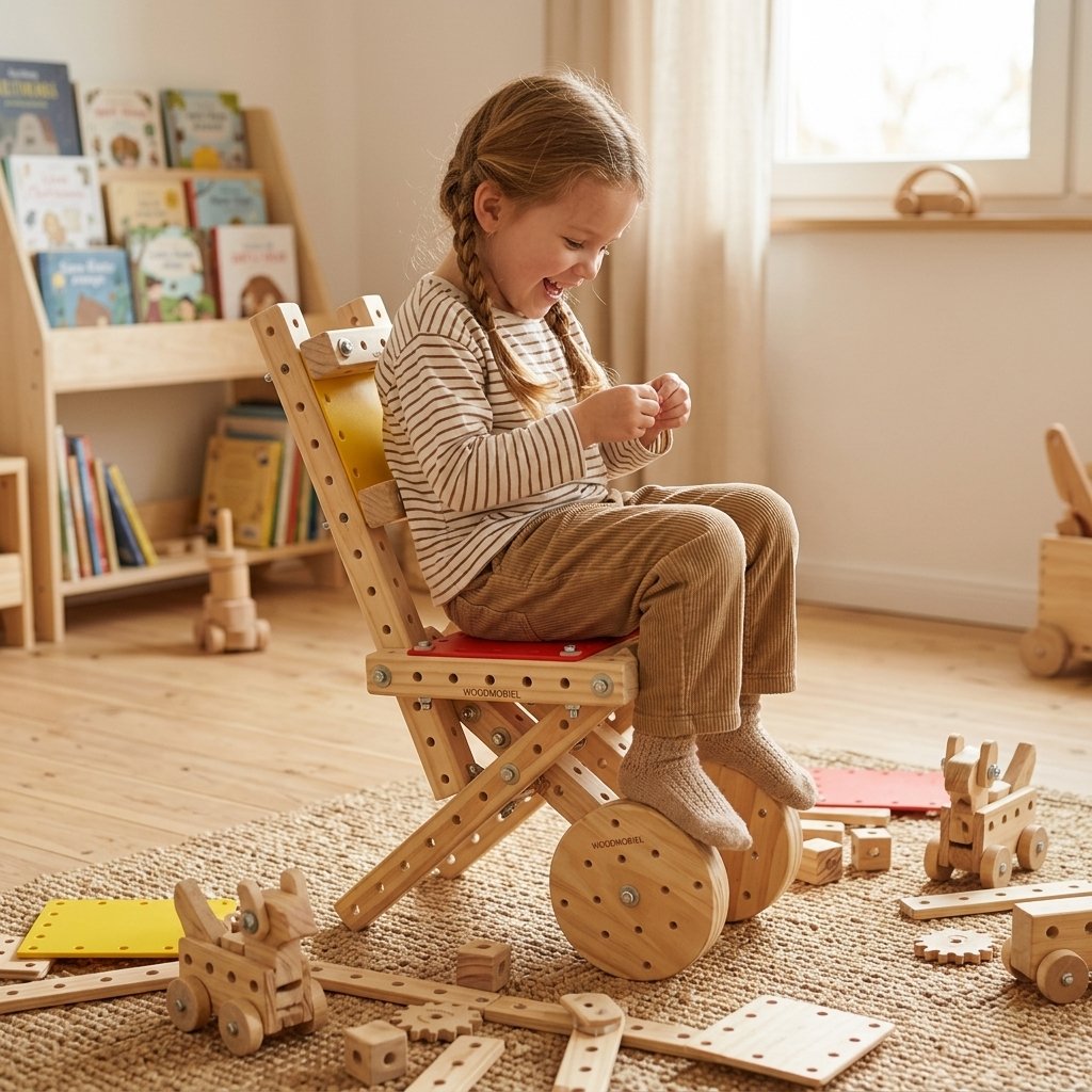 Kind op een zelfgebouwd Woodmobiel-stoeltje