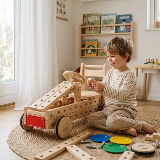 Kind speelt met een zelfgebouwd Woodmobiel-model